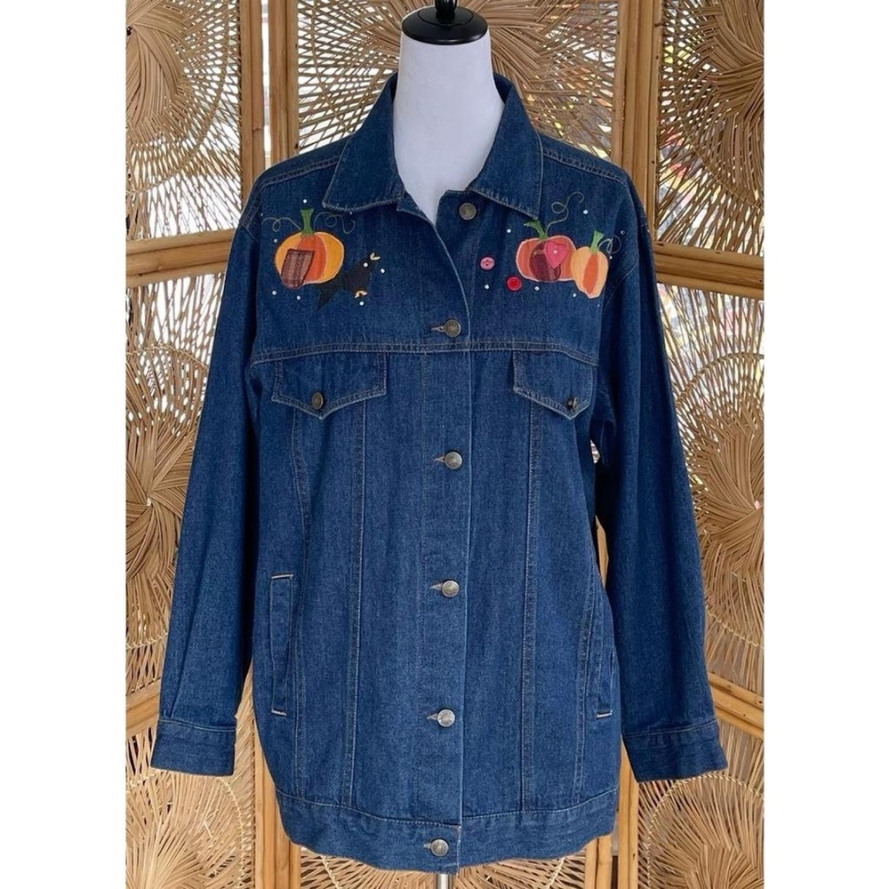 Vintage Quacker Factory Embroidered Denim Halloween Scarecrow Pumpkin Jacket - Picture 10 of 10